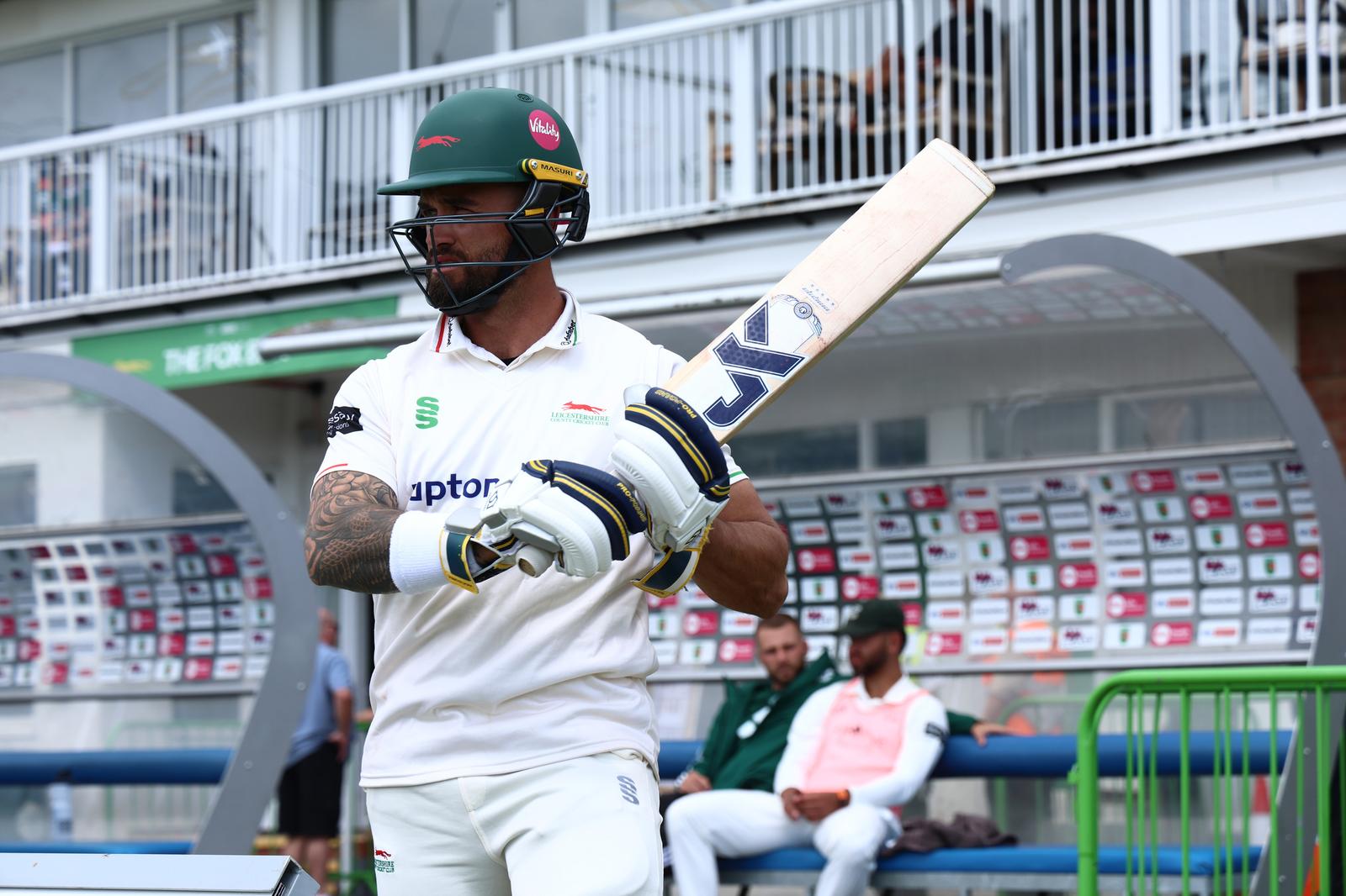 Leicestershire's Jake Weatherald comes out to opening the innings  during Day 2 of the Rothesay County Championship One match between Leicestershire County Cricket Club and Nottinghamshire County Cricket Club at the Uptonsteel Grace Rd, Leicester, UK on 2 May 2026.