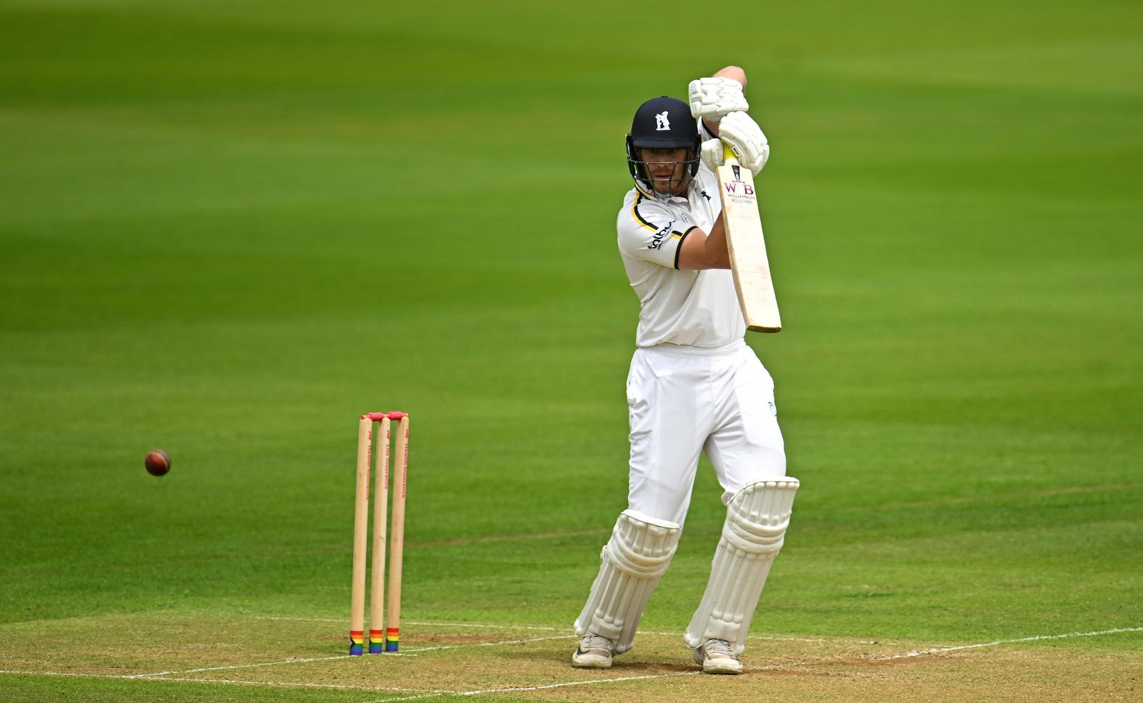 TAUNTON, ENGLAND - JULY 01: Michael Burgess of Warwickshire plays a shot during Day Two of the Vitality County Championship Division One match between Somerset and Warwickshire at The Cooper Associates County Ground on July 01, 2024 in Taunton, England. (Photo by Harry Trump/Getty Images)