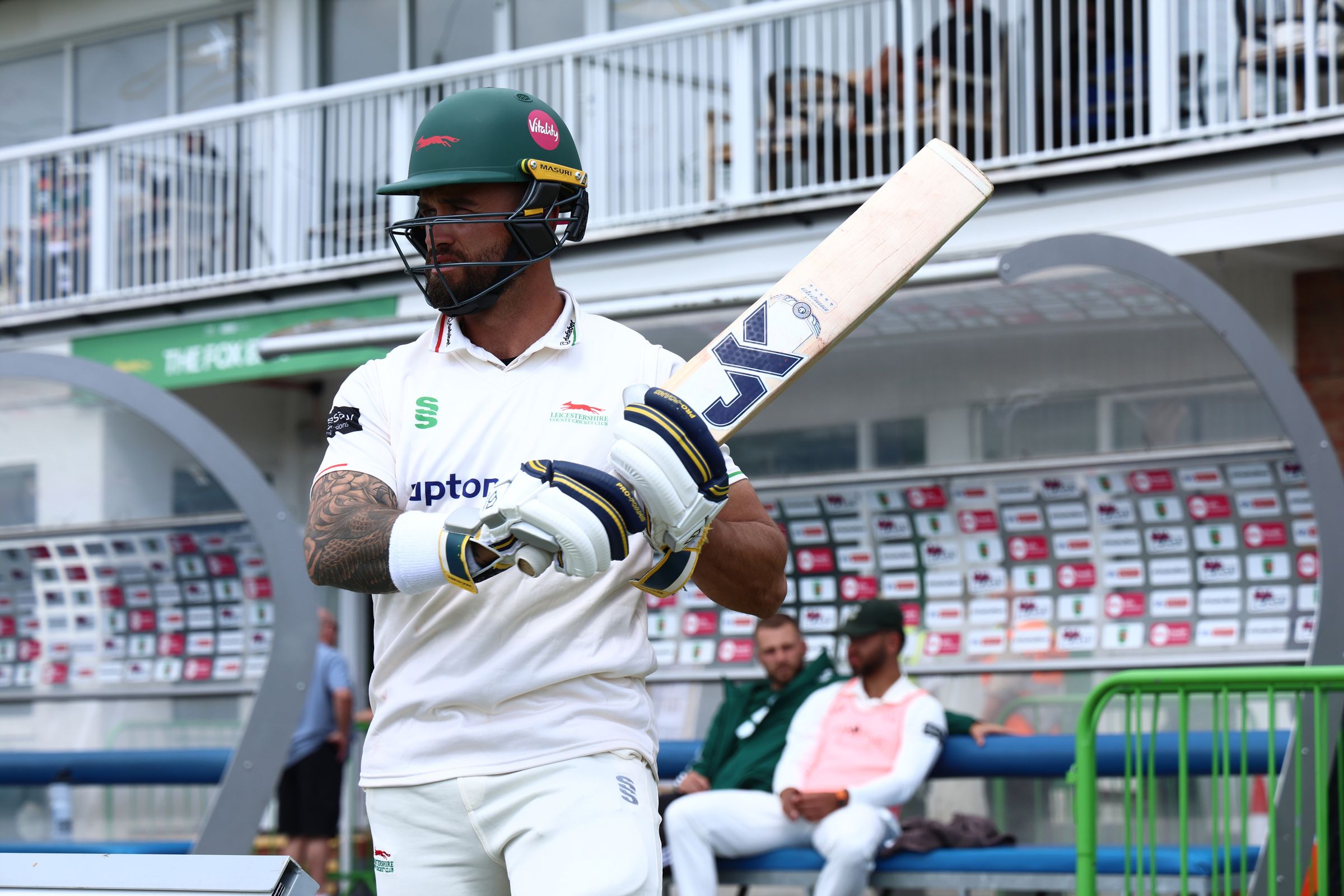 Leicestershire's Jake Weatherald comes out to opening the innings  during Day 2 of the Rothesay County Championship One match between Leicestershire County Cricket Club and Nottinghamshire County Cricket Club at the Uptonsteel Grace Rd, Leicester, UK on 2 May 2026.